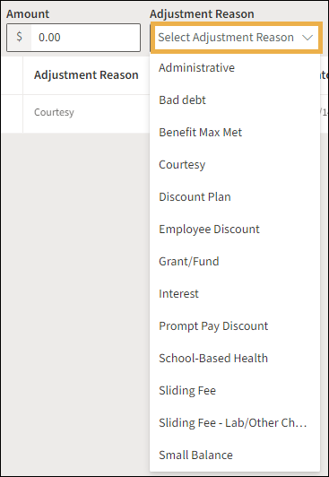 Adjustment Reason drop down menu list with a yellow highlight box around the Select Adjustment Reason.